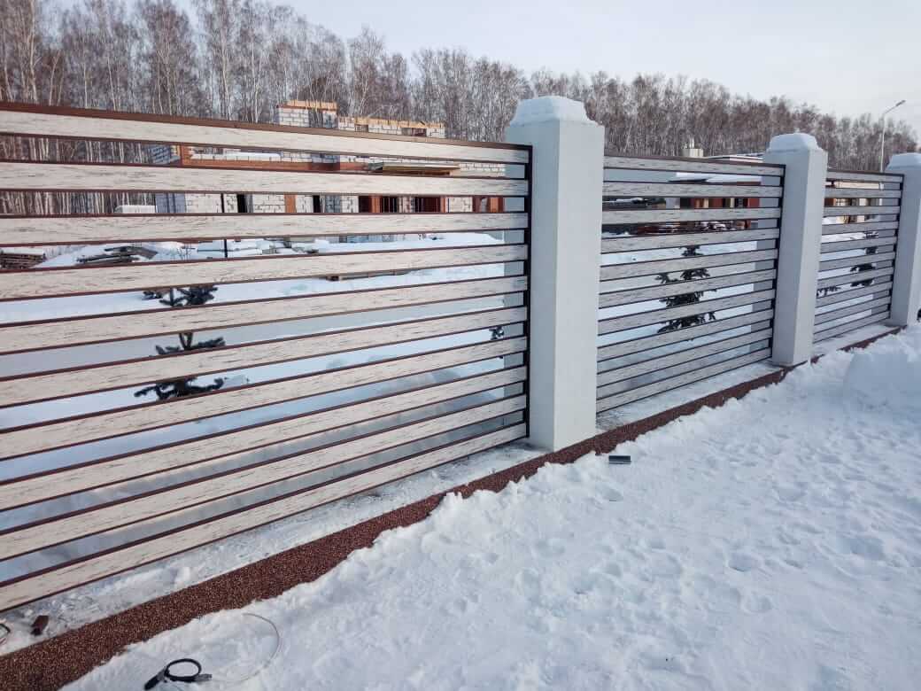 забор-ранчо из металлопланкена 130м каштан красный + беленый дуб фото4 в Кременкуле